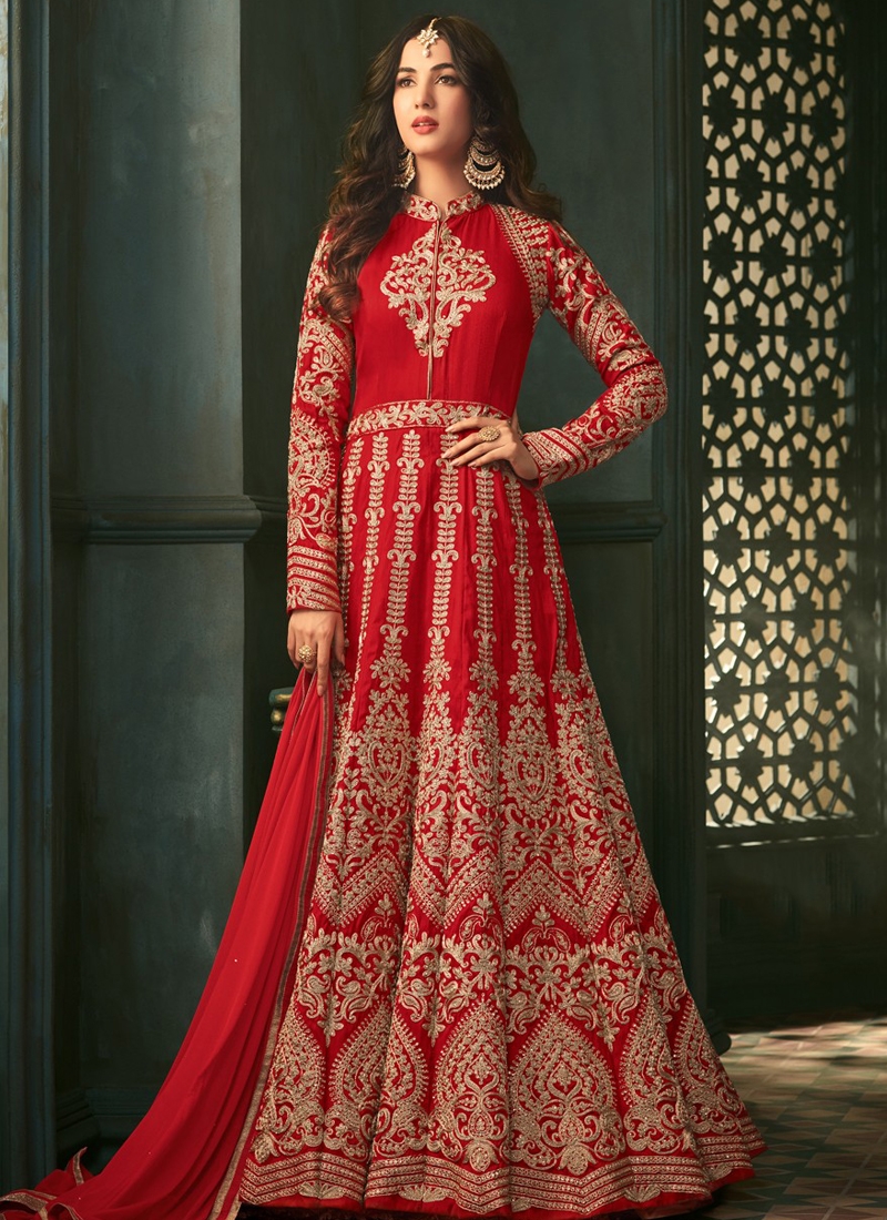 RED SILK EMBROIDERED ABAYA STYLE PARTY WEAR SUIT